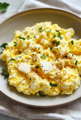 A plate of homemade cottage cheese scrambled eggs garnished with herbs.