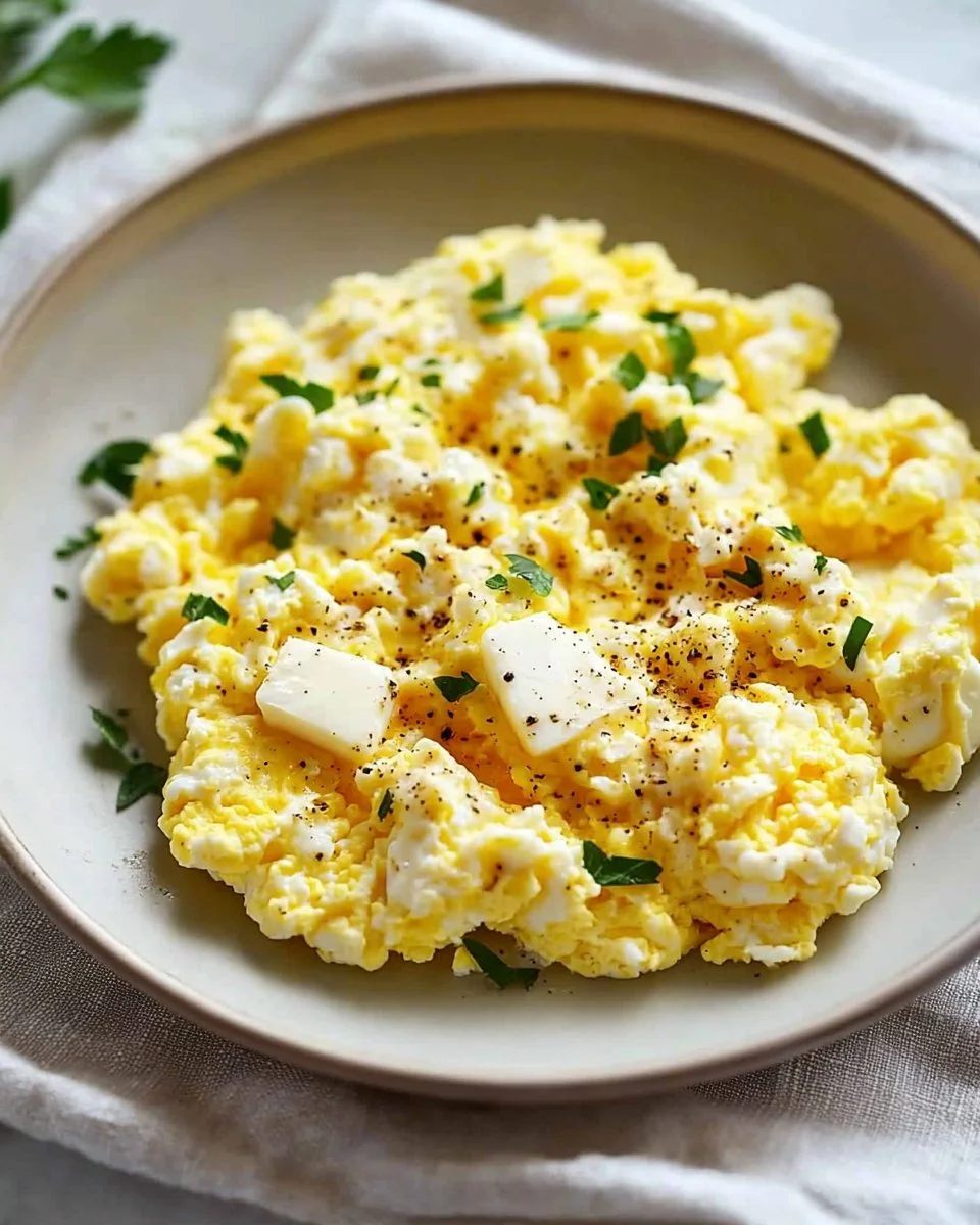 A plate of homemade cottage cheese scrambled eggs garnished with herbs.