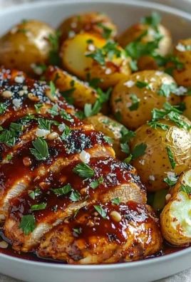 Honey BBQ Chicken served with garlic Parmesan potatoes on a plate.