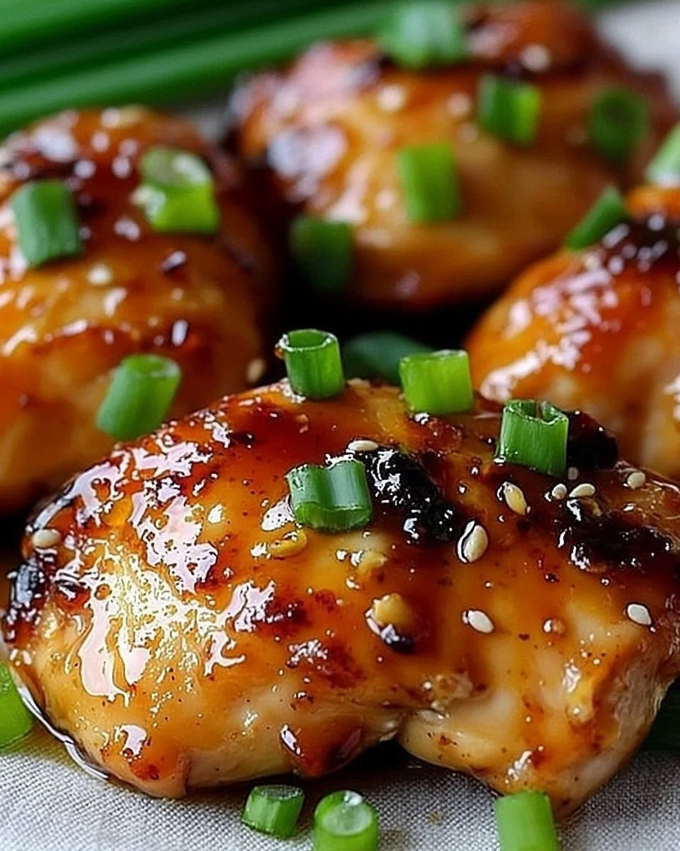 Plate of Honey Garlic Chicken garnished with green onions