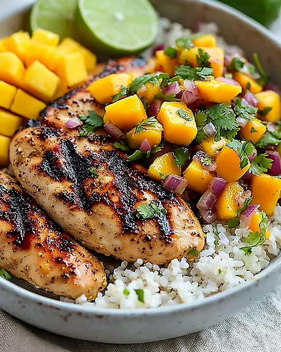 Honey Lime Chicken served with fresh Mango Salsa, showcasing vibrant flavors.