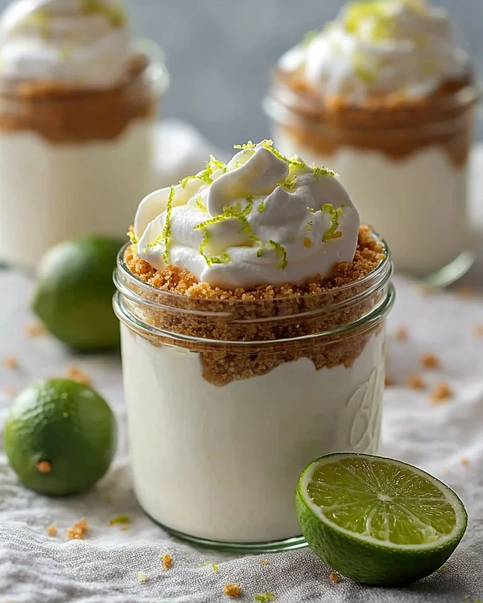 No bake Key Lime Pie Mason Jar Desserts topped with lime slices and whipped cream.