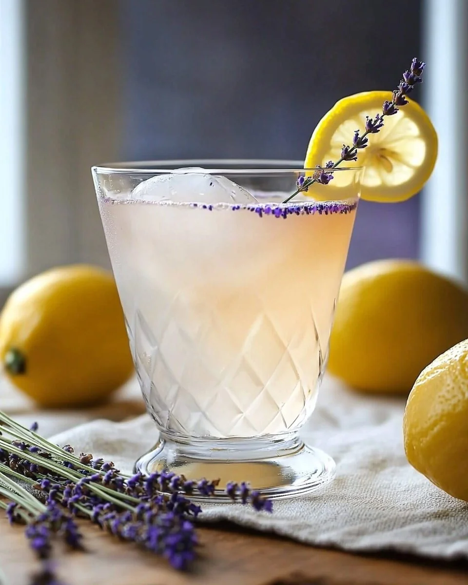 Lavender Lemon Drop Martini with lemon and lavender garnish in a glass.