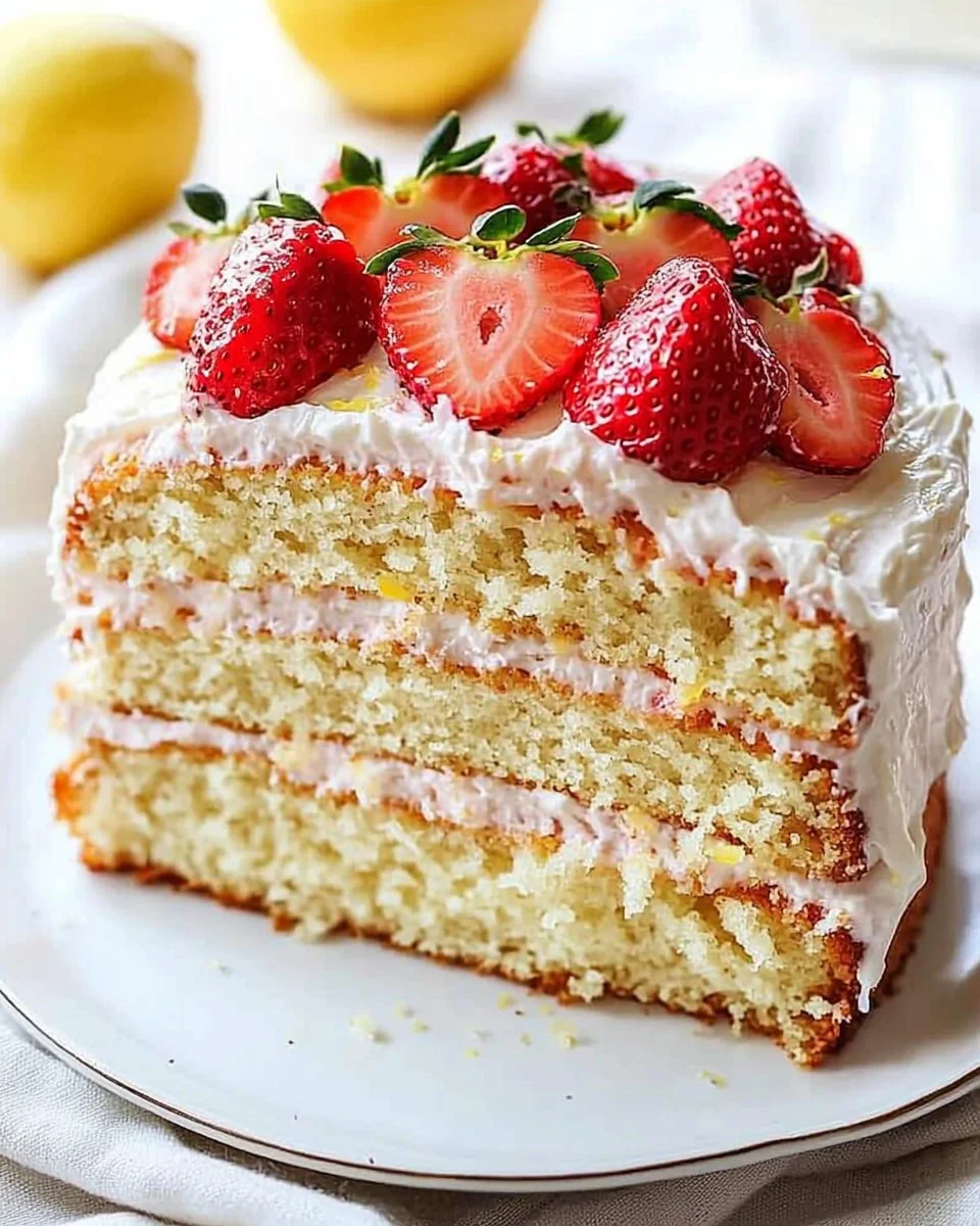 Lemon Strawberry Cake with fresh strawberries and lemon slices on top