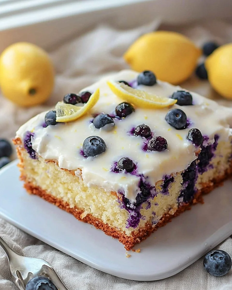 Lemon Blueberry Sheet Cake topped with fresh blueberries and lemon zest.