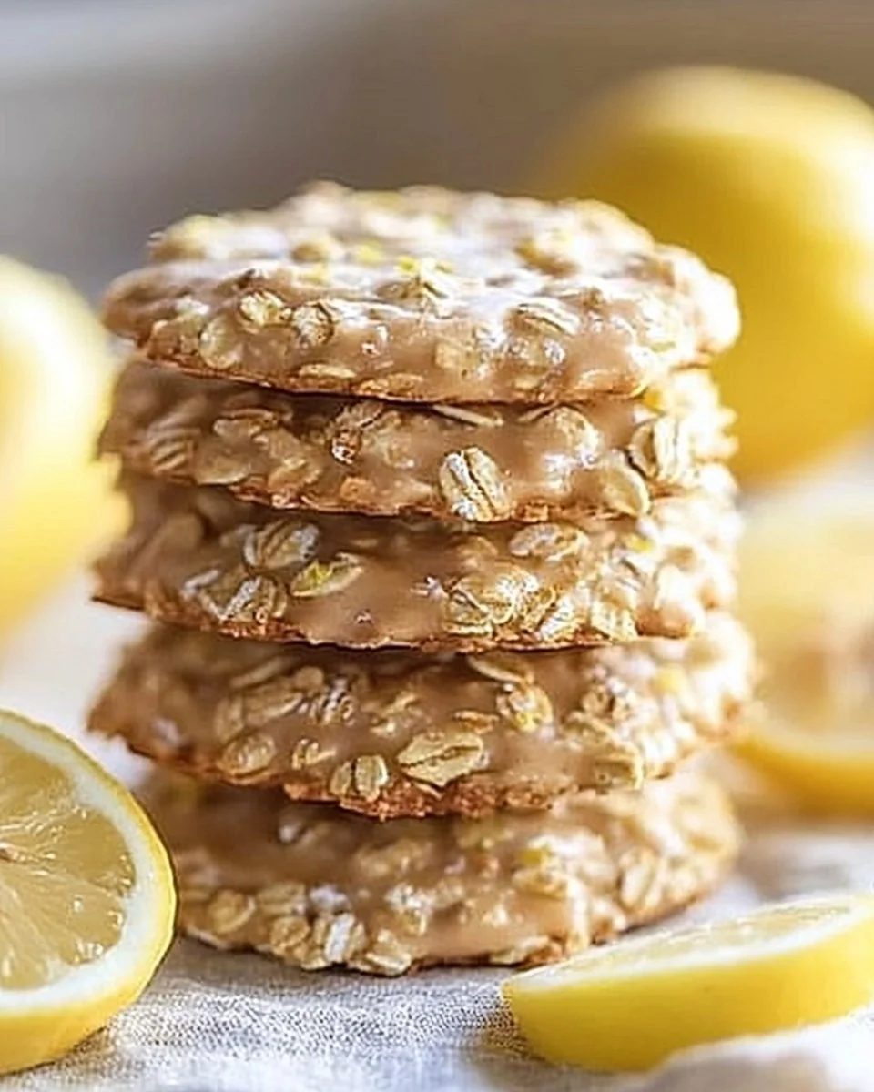 Lemon Oatmeal No-Bake Cookies on a plate with fresh lemon slices.