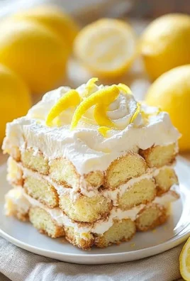 Slice of lemon tiramisu dessert with creamy layers and lemon zest garnish