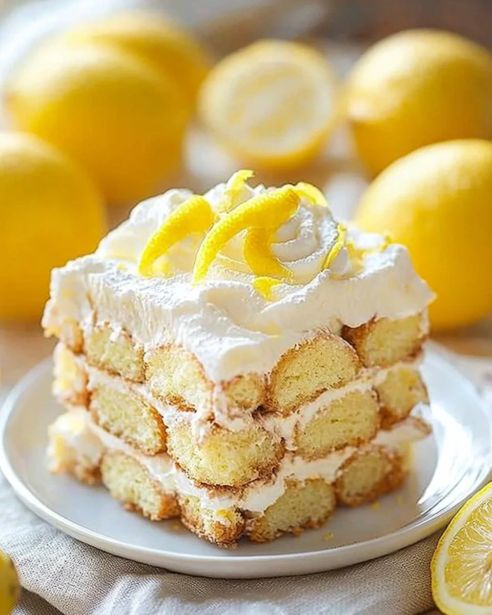 Slice of lemon tiramisu dessert with creamy layers and lemon zest garnish
