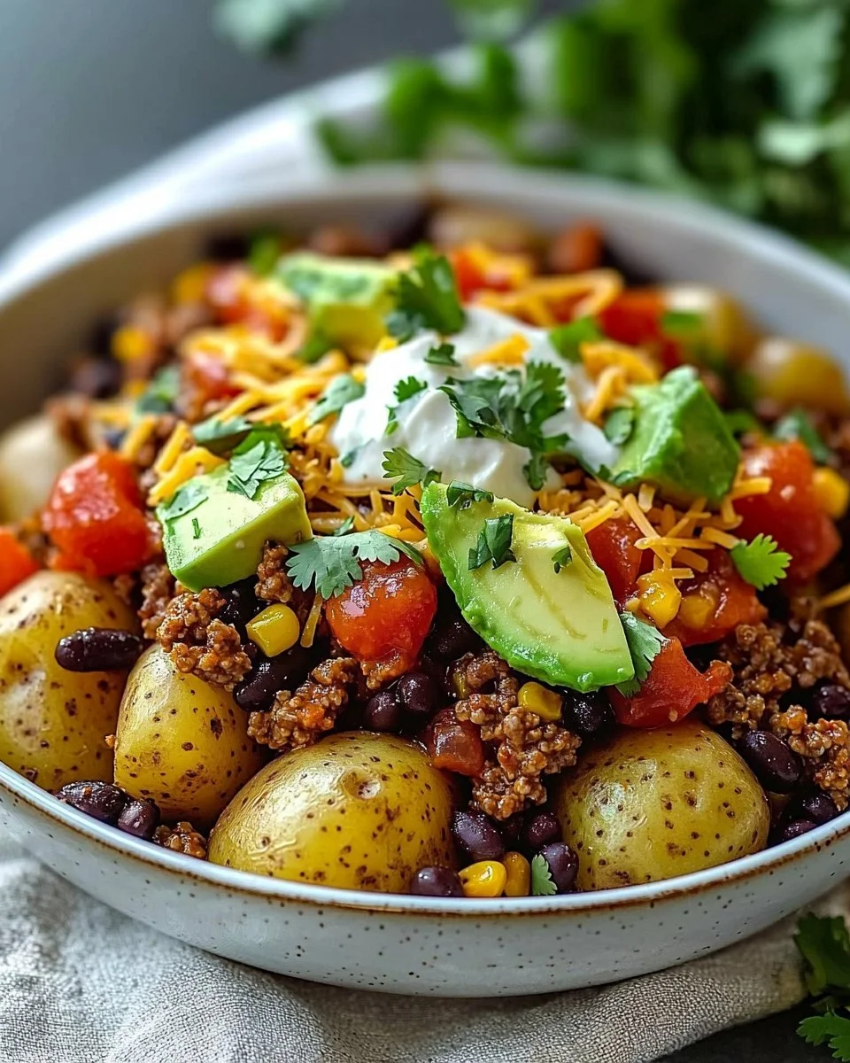 Delicious Loaded Potato Taco Bowl with toppings and ingredients