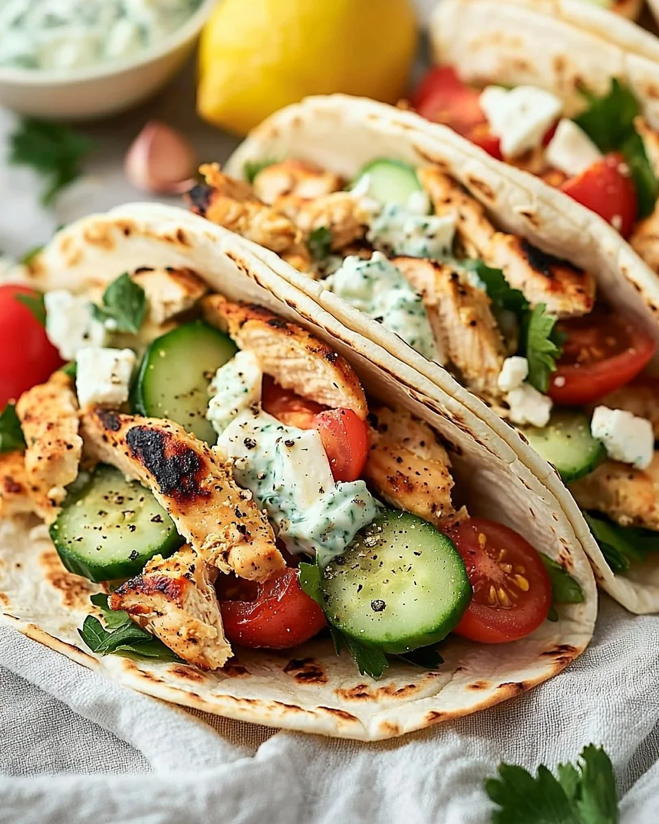 Delicious Mediterranean Chicken Tacos garnished with fresh vegetables and herbs.