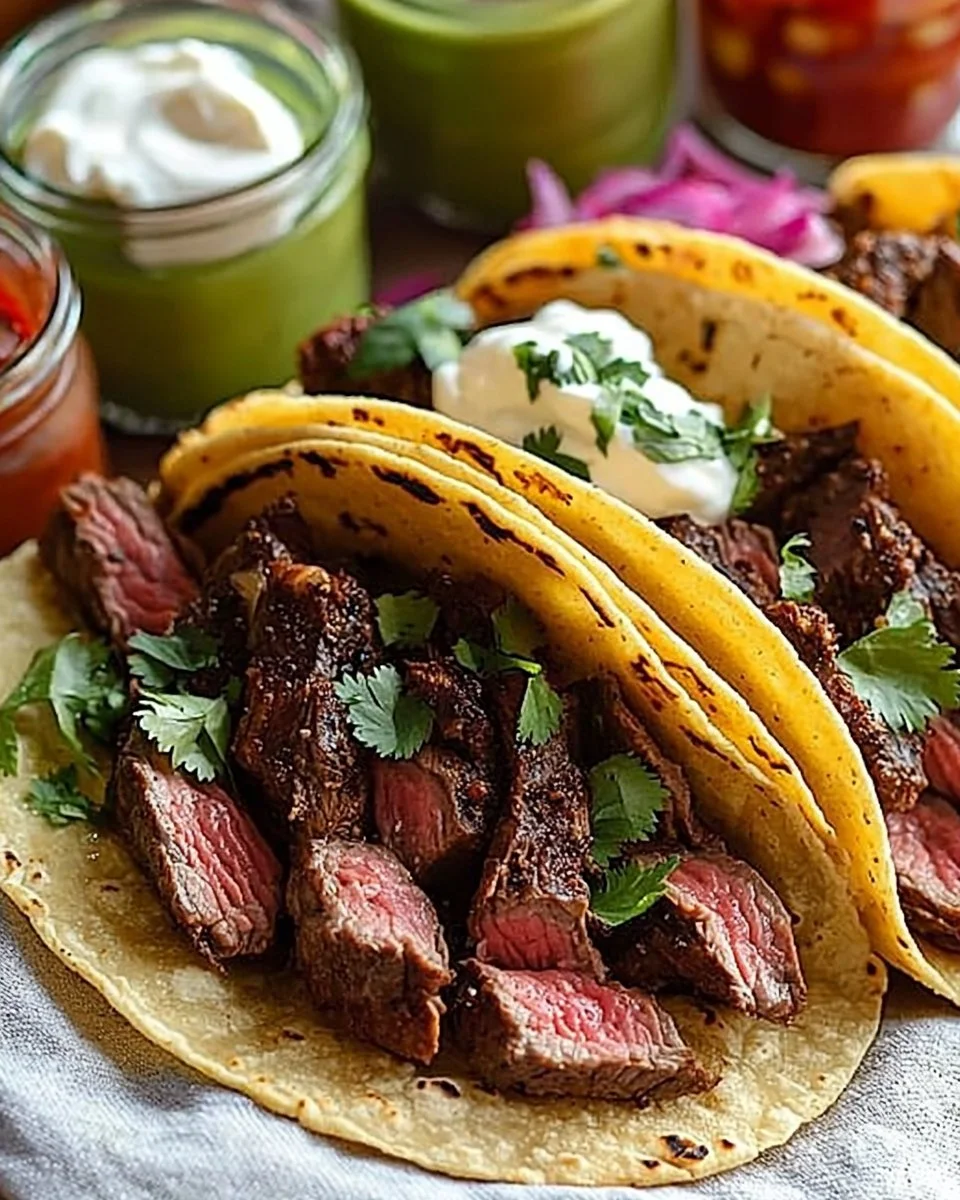 Delicious Mexican steak tacos garnished with fresh cilantro and onions