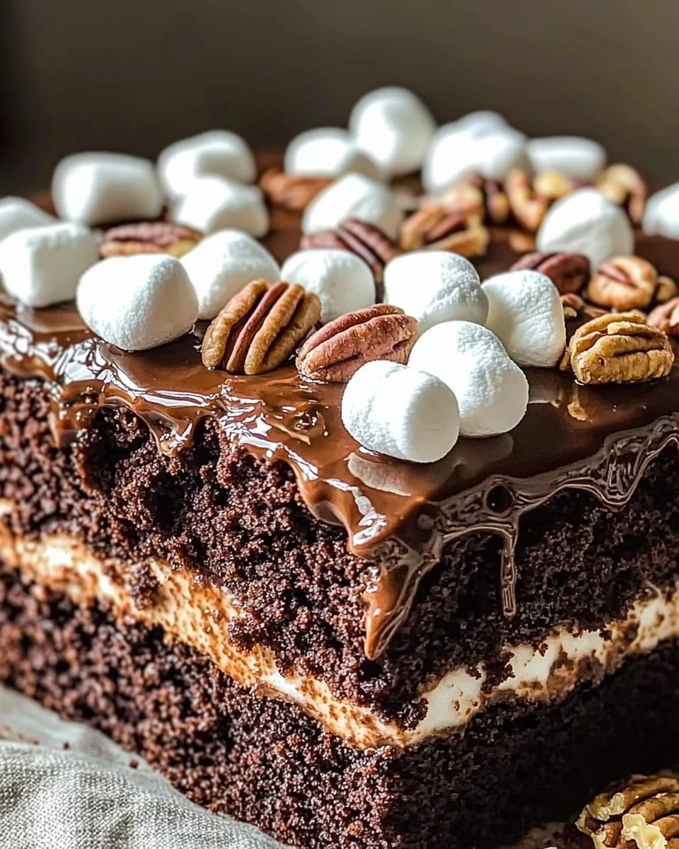 Decadent Mississippi Mud Cake topped with chocolate frosting