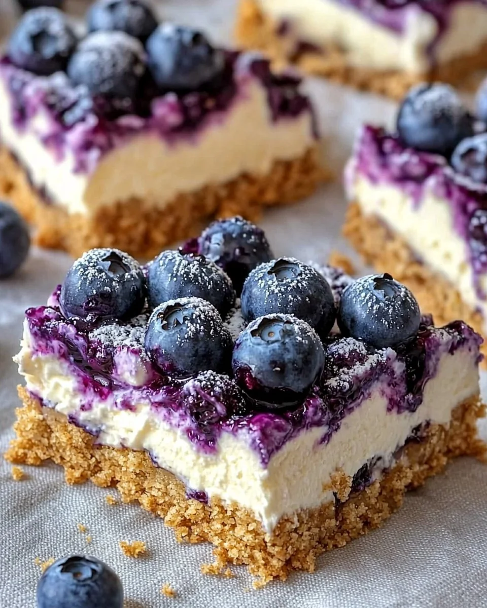 No-bake blueberry cheesecake bars topped with fresh blueberries