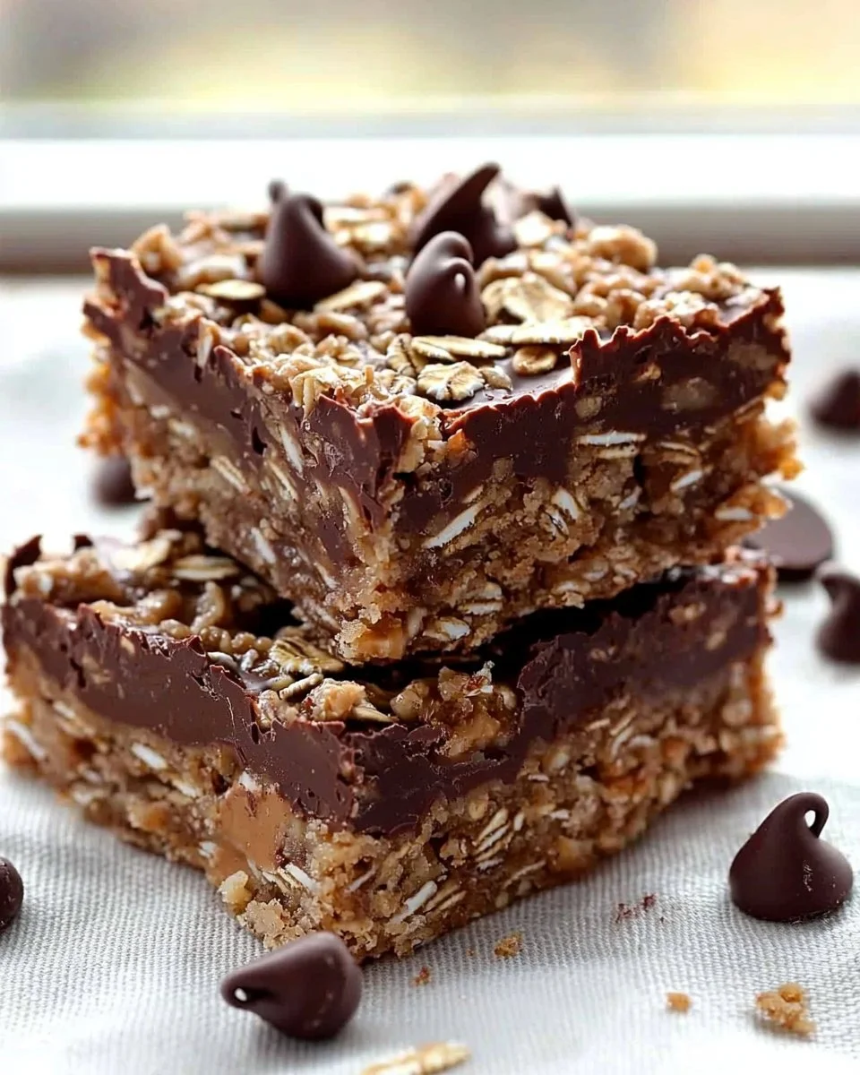 Delicious no-bake chocolate oatmeal bars on a wooden table
