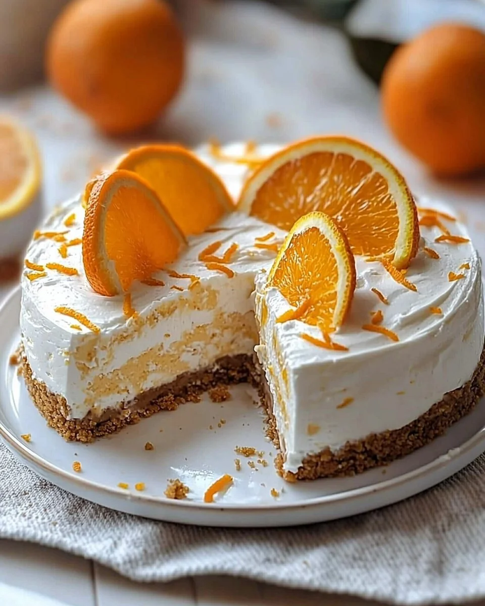 No-Bake Orange Creamsicle Cheesecake topped with orange slices and whipped cream