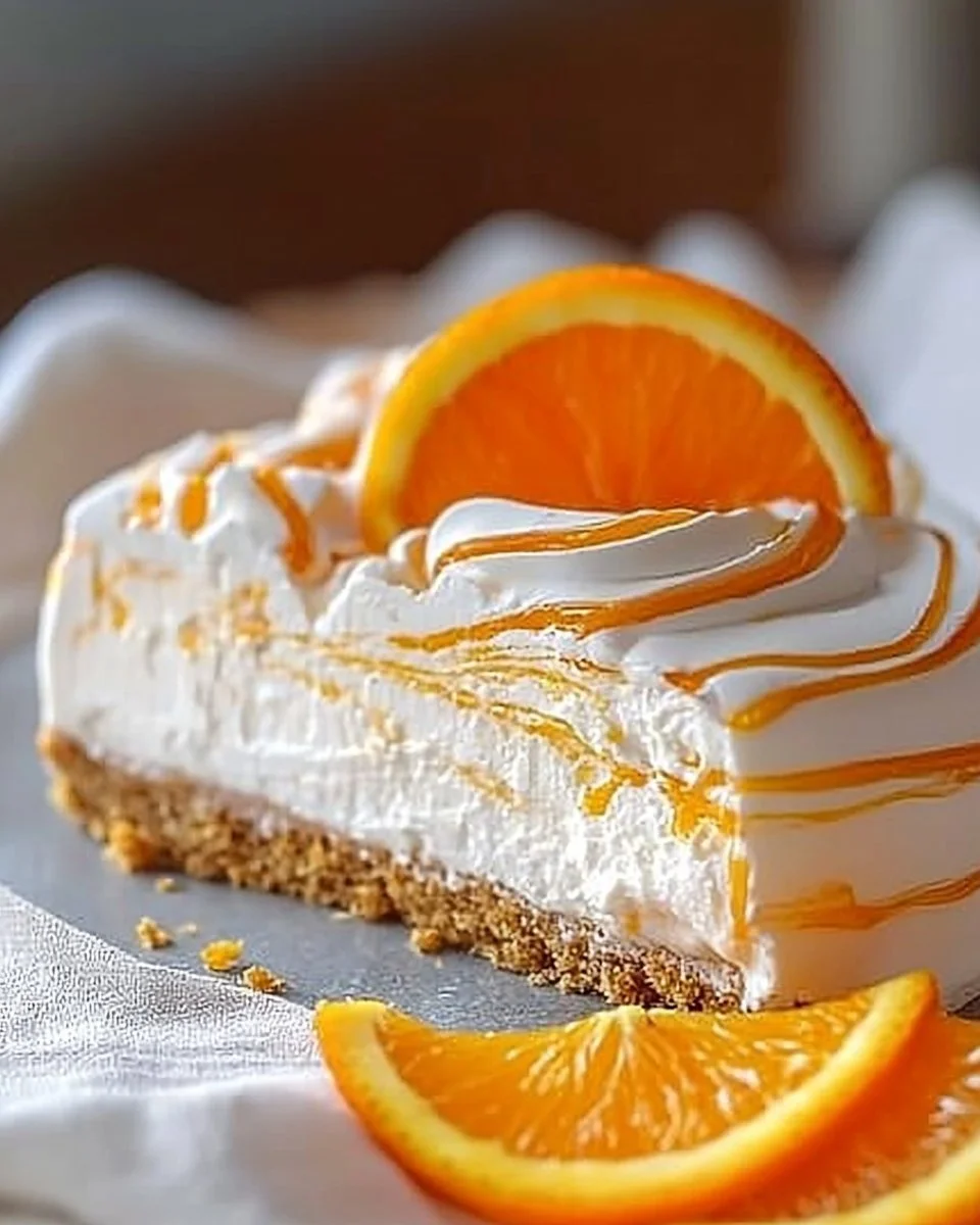 No-Bake Orange Creamsicle Cheesecake topped with orange slices and cream
