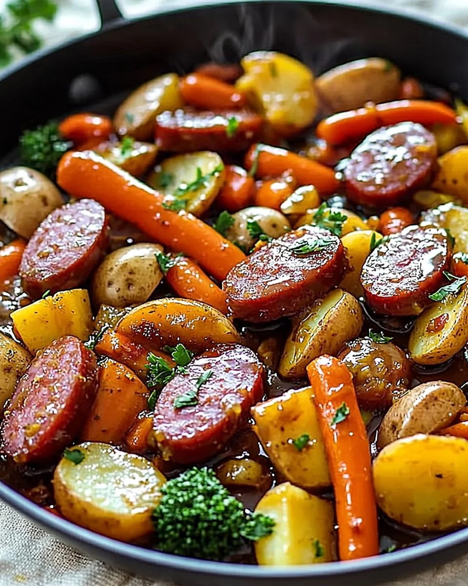 Delicious one-pan honey garlic kielbasa and veggies served for dinner