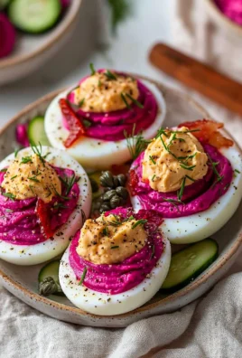 Perfectly Pink Deviled Eggs garnished with herbs on a platter