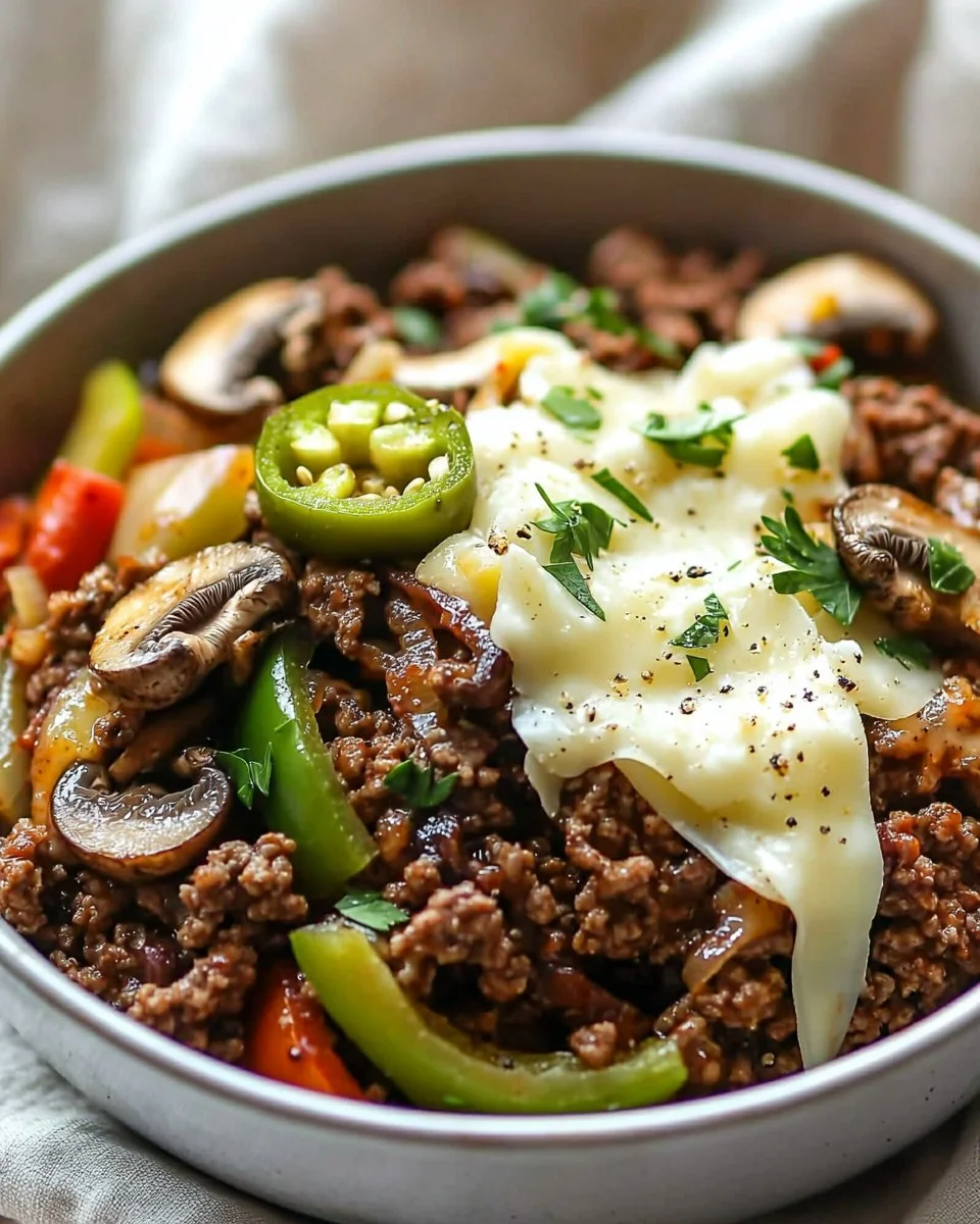 High protein, low carb Philly cheesesteak bowls on a wooden table