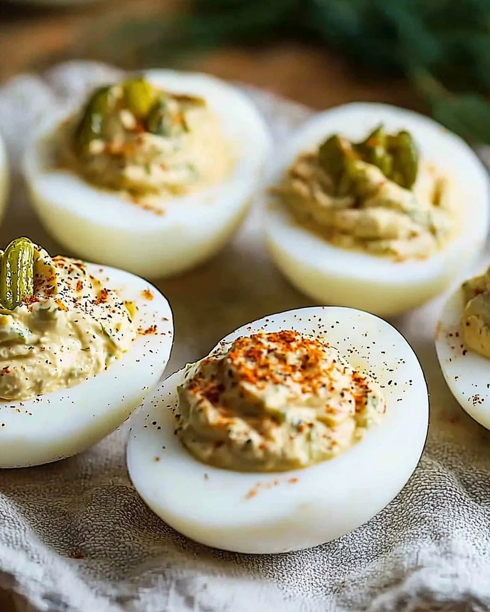 Delicious Pickle Lover Deviled Eggs garnished with pickles and spices
