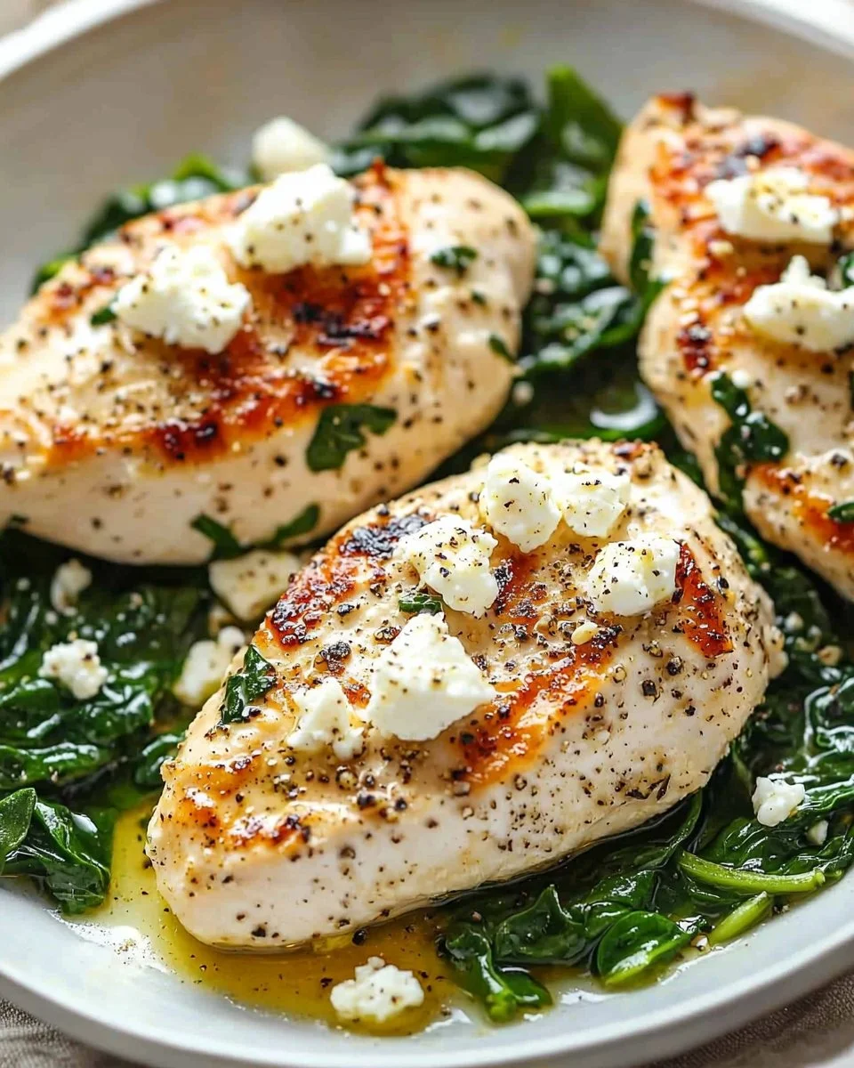 Quick chicken breast recipe with feta and spinach on a plate