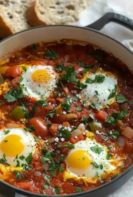A vibrant plate of Shakshuka with poached eggs and spiced tomato sauce