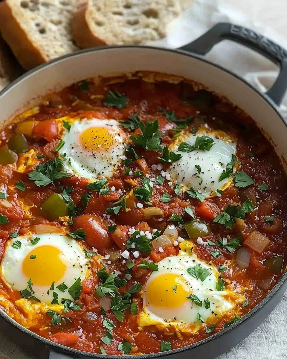 A vibrant plate of Shakshuka with poached eggs and spiced tomato sauce