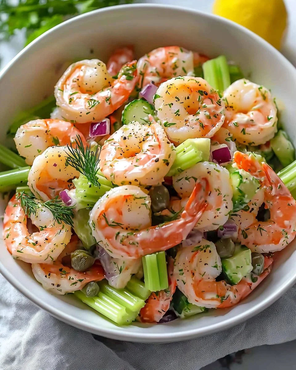Delicious shrimp salad in a bowl with fresh ingredients and vibrant colors.