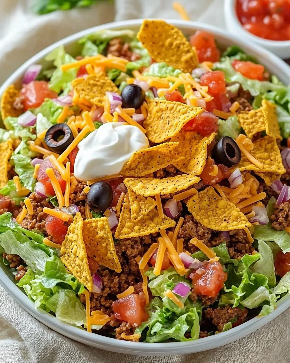 Colorful Simple Doritos Taco Salad with toppings and Doritos chips