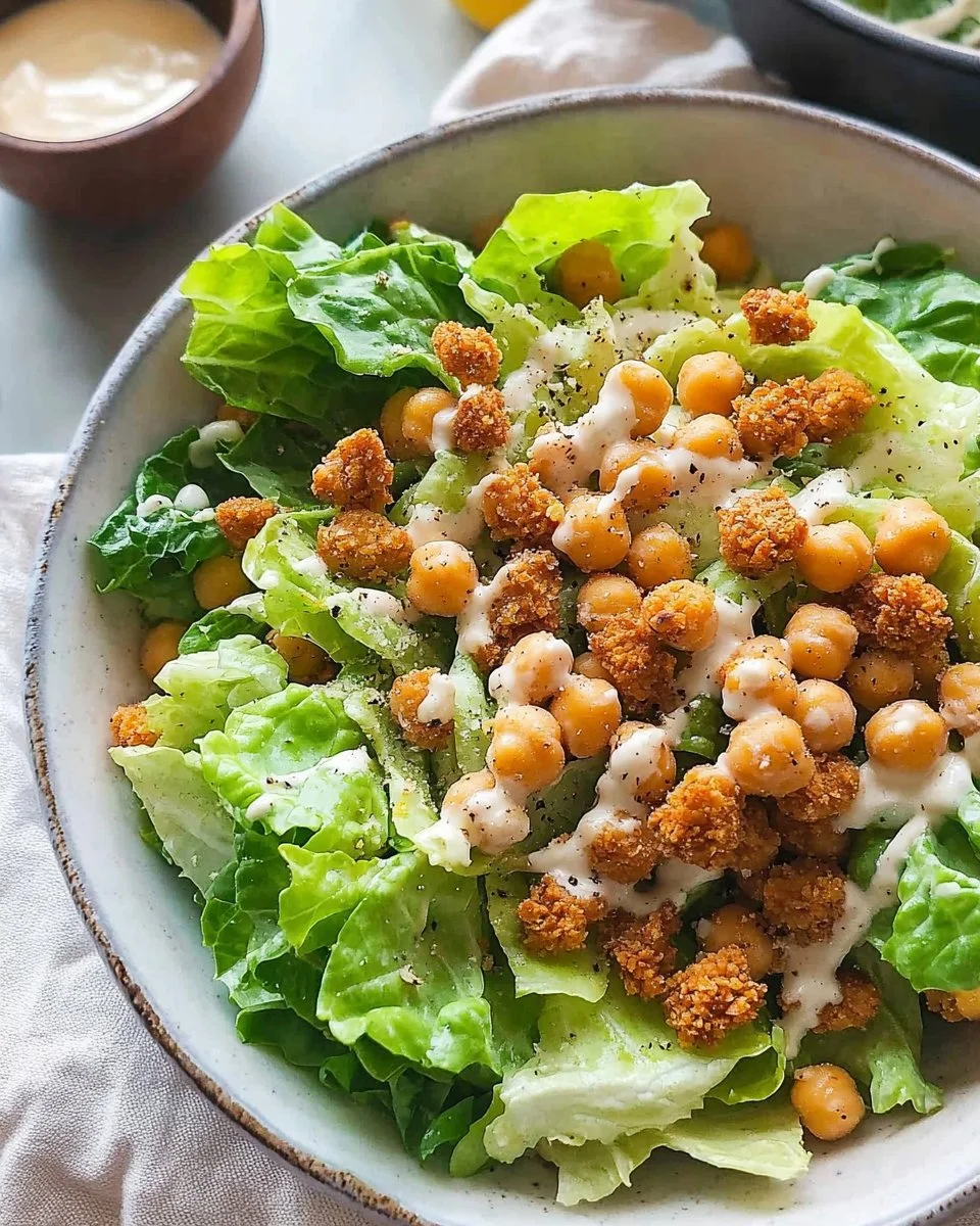 Simple romaine Caesar salad topped with crispy chickpea croutons