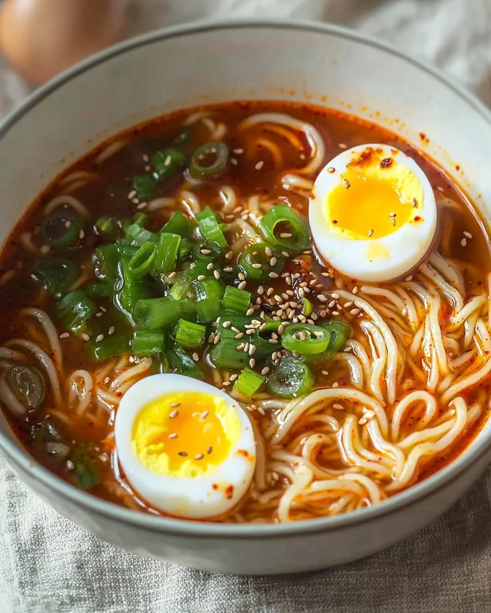 Spicy Gochujang Noodle Soup served in a bowl with fresh ingredients