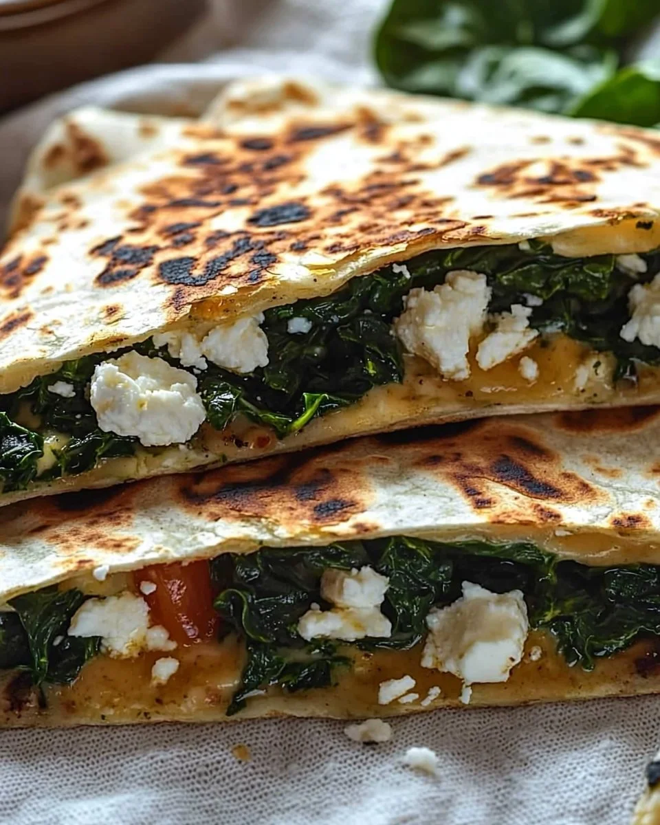 Delicious spinach and feta quesadillas on a plate with fresh ingredients