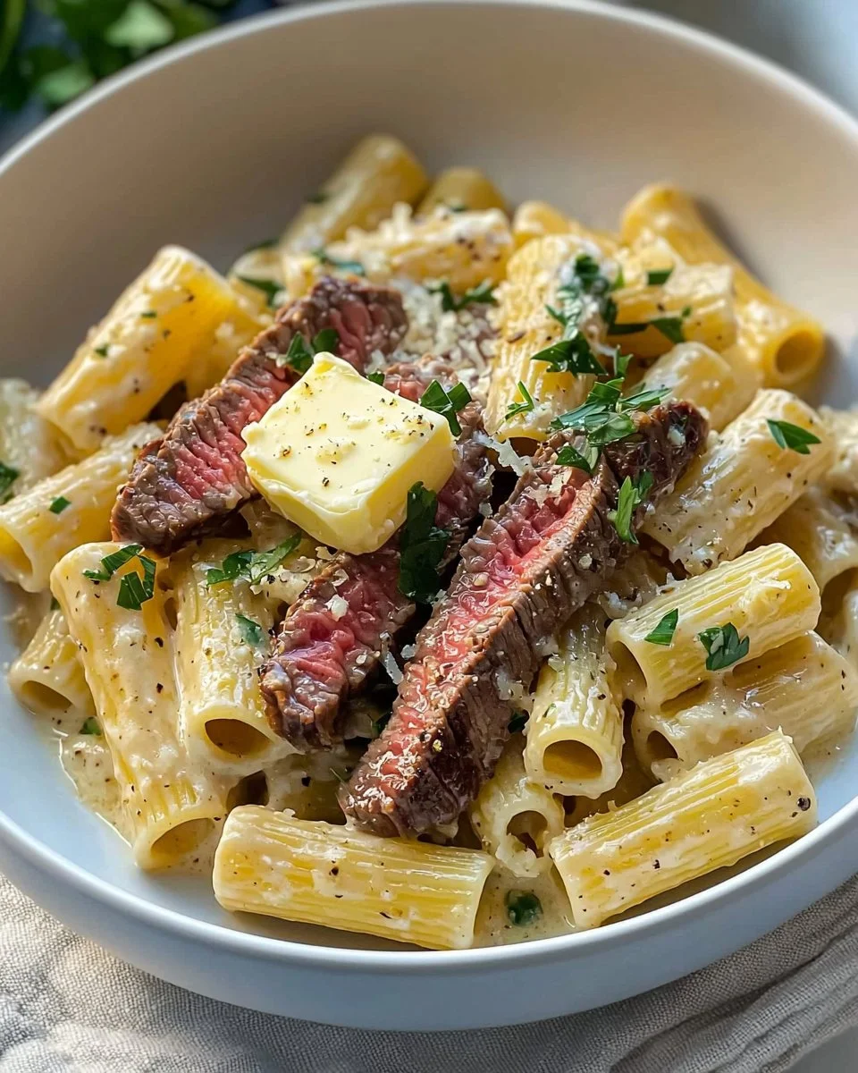 Delicious Steak Pasta with Creamy Garlic Parmesan Sauce served in a bowl.