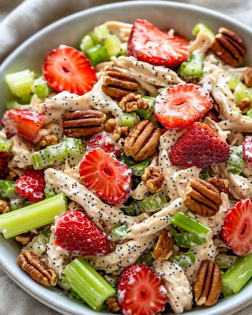 Strawberry Pecan Poppy Seed Chicken Salad featuring fresh ingredients and vibrant colors.