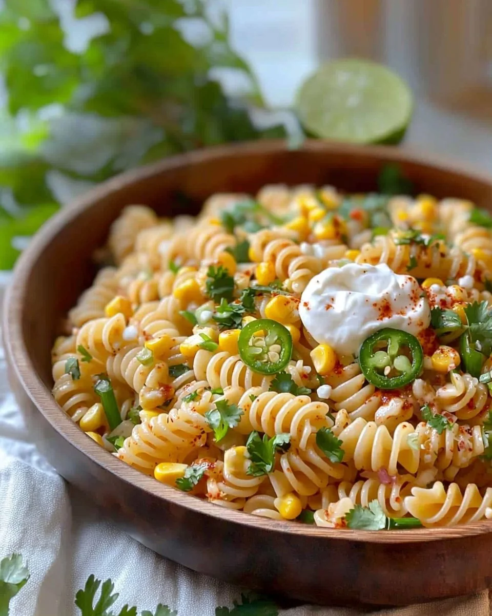 Delicious Street Corn Pasta Salad with fresh ingredients in a bowl