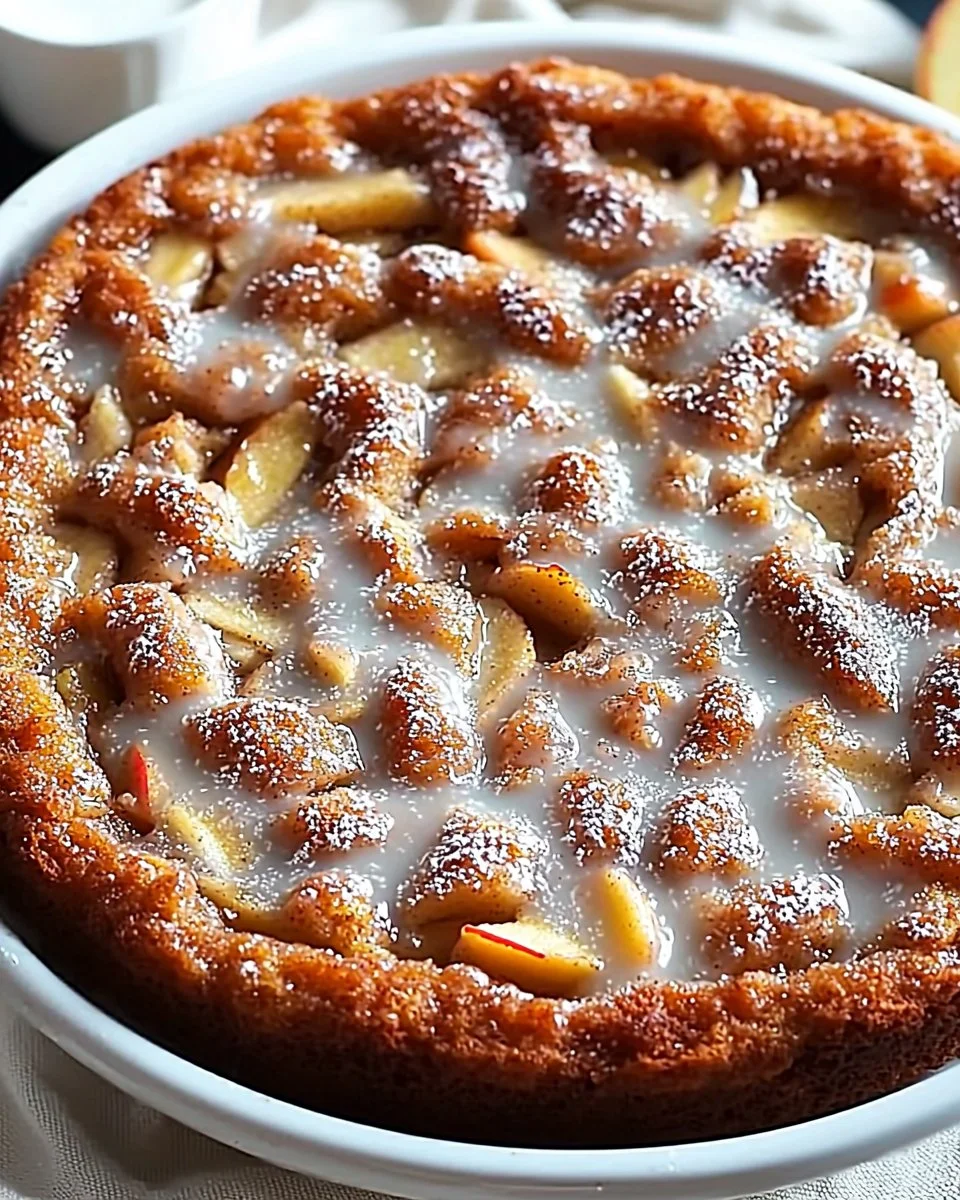 Delicious sweet apple fritter cake topped with glaze and fresh apples