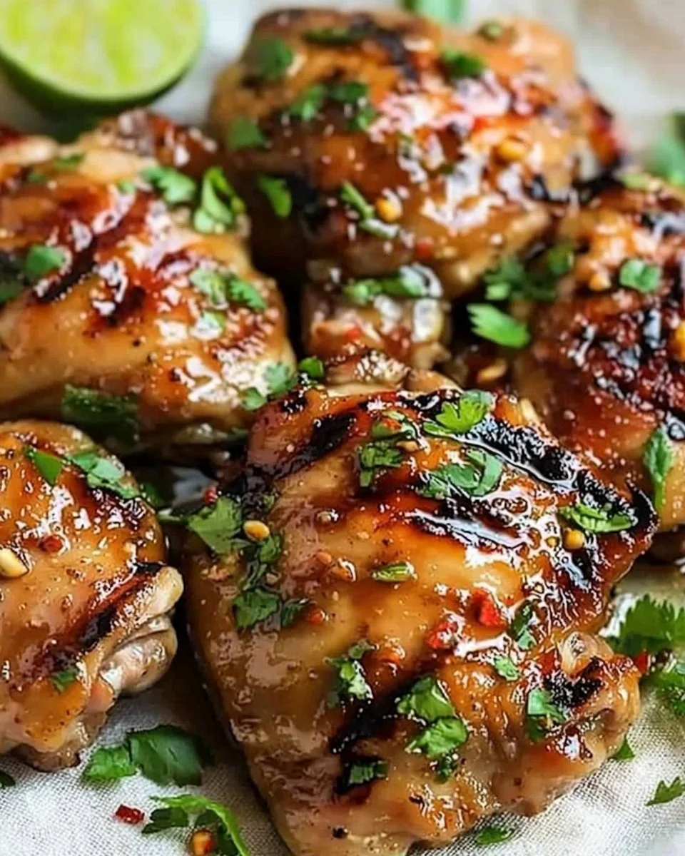 Delicious plate of Thai grilled chicken garnished with herbs
