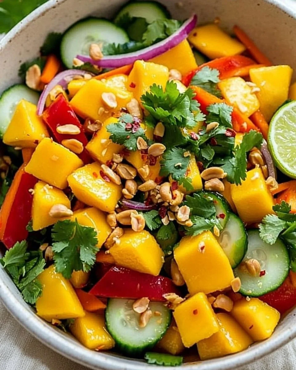 Delicious Thai Mango Salad with fresh mango, vegetables, and herbs