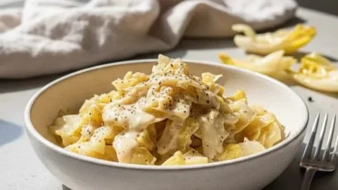 Plate of creamy Alfredo Cabbage with garnishes