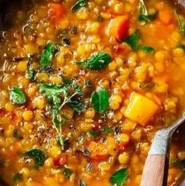 Bowl of anti-inflammatory lentil soup with fresh herbs and vegetables