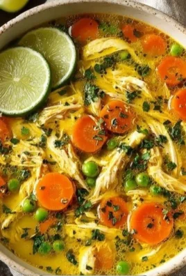 Bowl of anti-inflammatory turmeric chicken soup garnished with herbs.