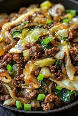 Asian-inspired beef and cabbage skillet in a frying pan with colorful vegetables.