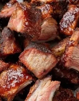 Grilled barbecue ribs coated in sauce, ready to be served.