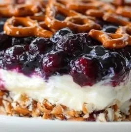 Delicious Blueberry Pretzel Salad with layers of cream, blueberries, and pretzel crust