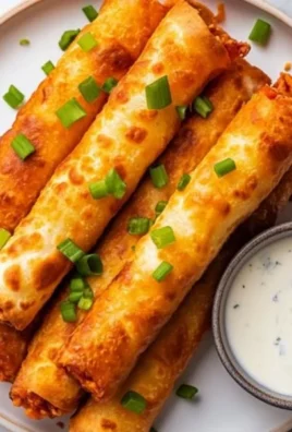 Plate of crispy Buffalo Chicken Taquitos served with dipping sauce.