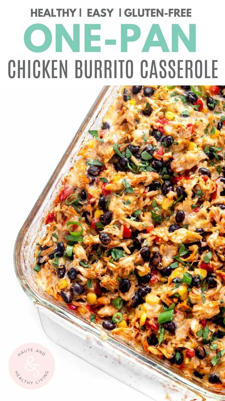 Baked Chicken Burrito Casserole with cheese and colorful toppings