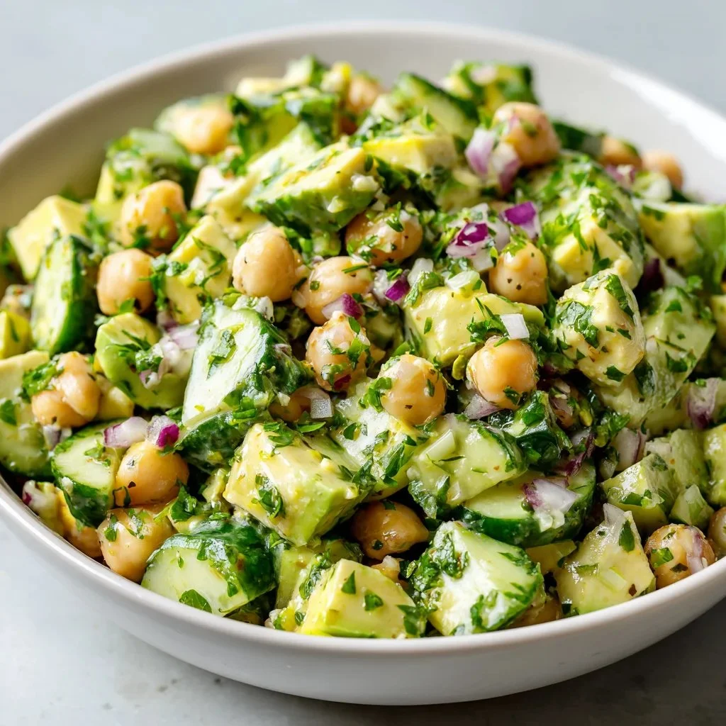 Chickpea avocado cucumber salad with lemon dressing in a bowl