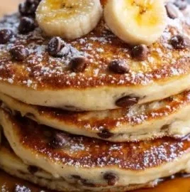 Delicious chocolate chip banana protein pancakes stacked on a plate