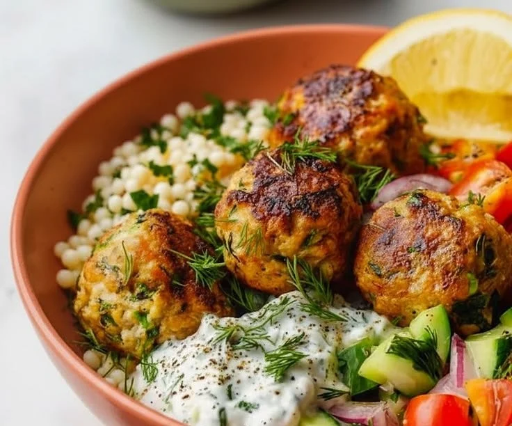 Classic Mediterranean Meatballs Bowl served with fresh herbs and sauce