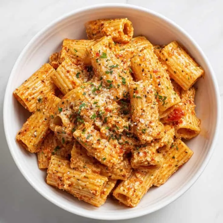 Delicious cottage cheese rigatoni pasta garnished with fresh herbs